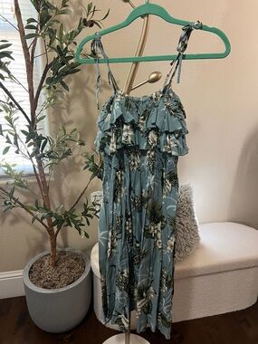 Smocked Ruffle Tropical Midi Dress - Blue Green Floral